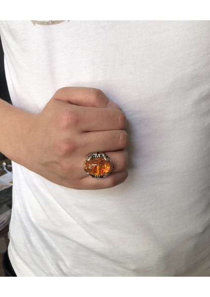 Gümüş Baltık Kehribar Taşlı Kelime-I Tevhid Işlemeli Kılıç Model Erkek Yüzük indirimleri