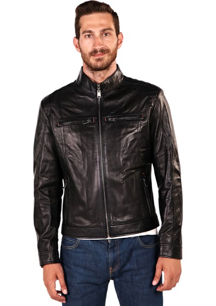 Deri Fermuarlı Deri Mont