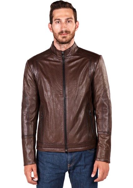 Kahve Rengi Fermuarlı Deri Mont