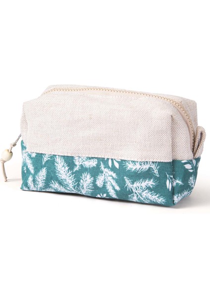 Wolo- Makyaj Çantası Yeşil - Üzerine Yaprak Desenli Pamuklu