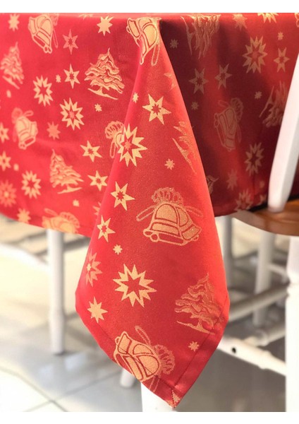 Kırmızı Altın Yıldız Desen Masa Örtüsü 225X150CM