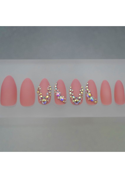 Pembe Mat Takma Tırnak Lüks Kristal Taşlı Desenli Uzun Oval Almond Stiletto Nail Art Yapıştırıcılı Set