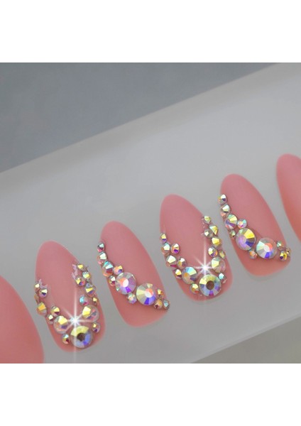 Pembe Mat Takma Tırnak Lüks Kristal Taşlı Desenli Uzun Oval Almond Stiletto Nail Art Yapıştırıcılı Set fiyatları