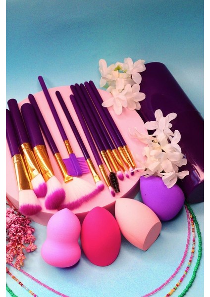 2'li Makyaj Fırçası Seti 12'li Silindir Fırça Mor + 4'lü Armut Sünger fiyatları