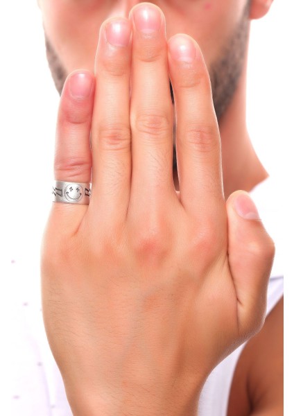 Erkek Antik Gümüş Kaplama Ayarlanabilir Gülen Yüz Emoji Yüzük