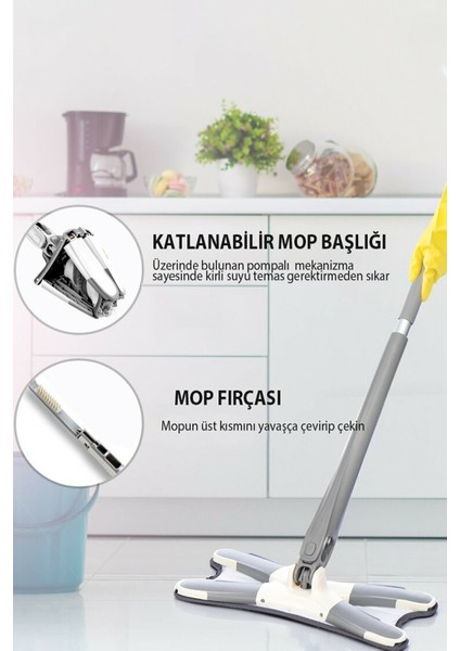 x Mop 360 Derece Dönen Kendine Sıkmalı Kurutmalı Pratik Mop Duvar ve Cam Silme Aparatı Yedek Bezli