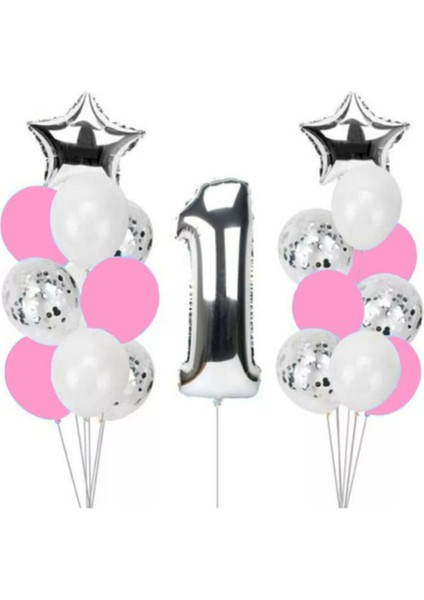 1 Yaş Konfetili Pembe Balon Seti Doğum Günü Parti Seti