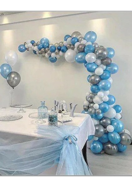 100 Adet Metalik Balon ve 5 Metre Balon Zinciri Mavi Gümüş Beyaz Frozen Konsept