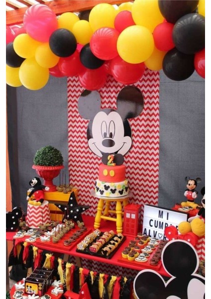 100 Adet Kırmızı Siyah Sarı Metalik Balon ve Balon Zinciri Mıckey Mouse Konsept