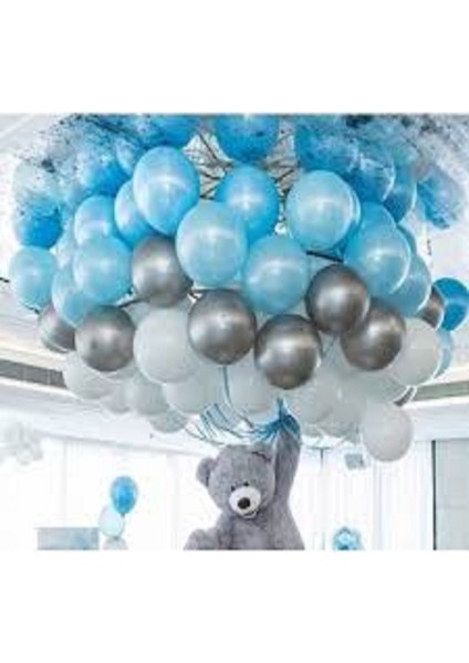 100 Adet Mavi Beyaz Gümüş Balon ve 5mt Balon Zinciri