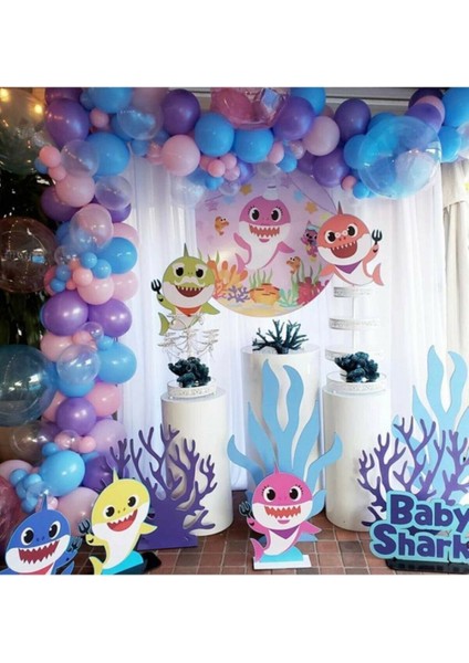 100 Adet Mor Pembe Mavi Şeffaf Baby Shark Temalı Balon Konsepti ve Balon Zinciri