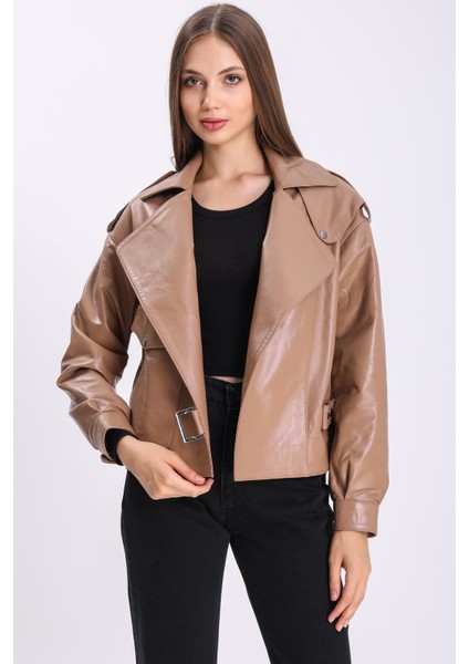 Kadın Oversize Açık Kahve Deri Ceket