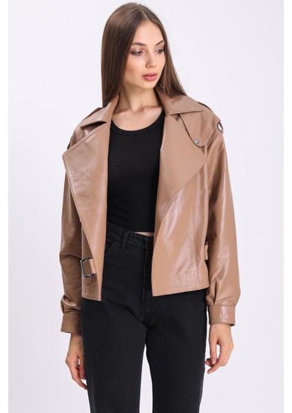 Kadın Oversize Açık Kahve Deri Ceket
