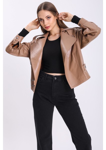 Kadın Oversize Açık Kahve Deri Ceket