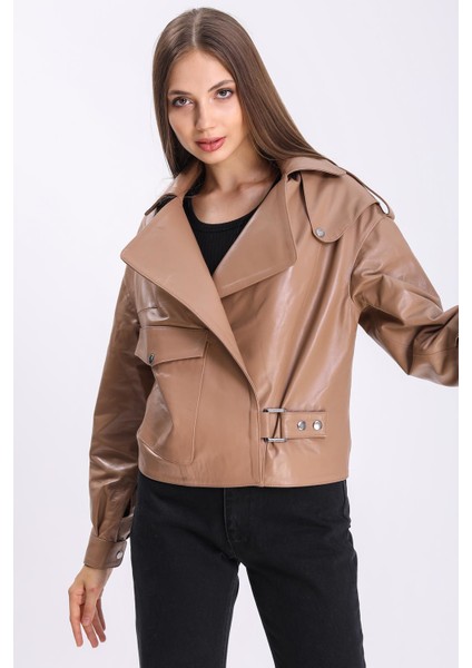 Kadın Oversize Açık Kahve Deri Ceket