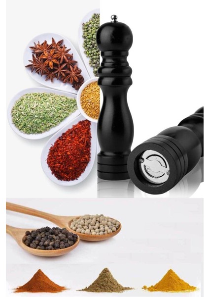 2'li Karabiber Tuz Kahve Baharat Öğütücü Ahşap Manuel Siyah