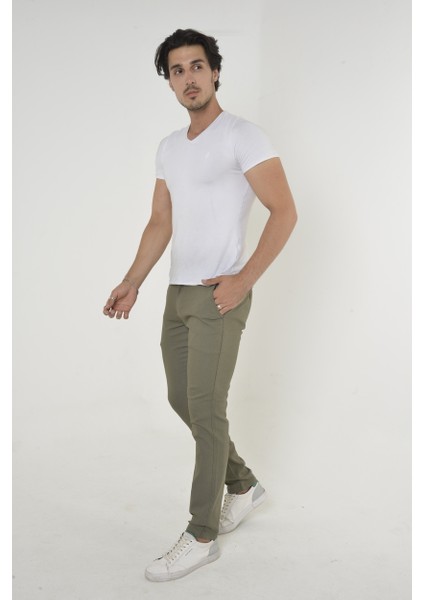 Erkek Slim Fit Dar Kesim Örgü Kumaş Yan Cep Koton Chino Pantolon
