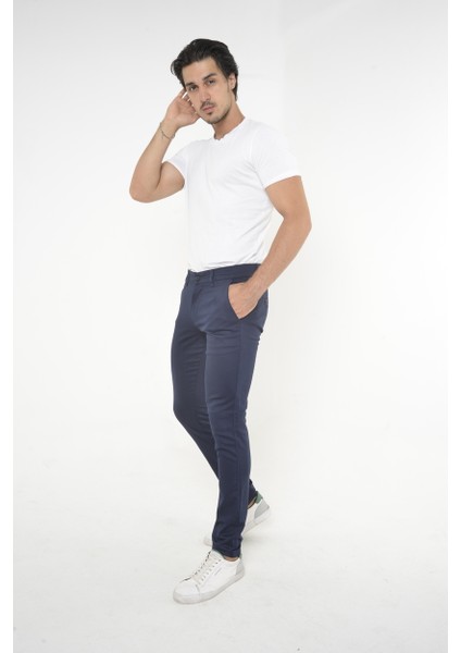 Erkek Slim Fit Dar Kesim Örgü Kumaş Yan Cep Koton Chino Pantolon