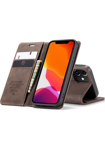 iPhone 12 Mini Için Retro Pu Deri Tpu Kart Bölmeli Manyetik Flip Standlı Kılıf (Yurt Dışından)