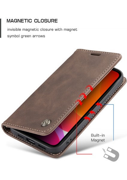 iPhone 12 Mini Için Retro Pu Deri Tpu Kart Bölmeli Manyetik Flip Standlı Kılıf (Yurt Dışından)