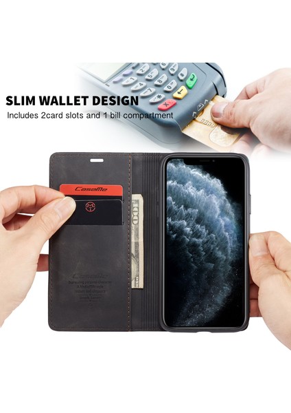 iPhone 11 Pro Max Için Retro Pu Deri Tpu Kart Bölmeli Manyetik Flip Standlı Kılıf (Yurt Dışından)