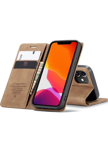 iPhone 12 Mini Için Retro Pu Deri Tpu Kart Bölmeli Manyetik Flip Standlı Kılıf (Yurt Dışından)
