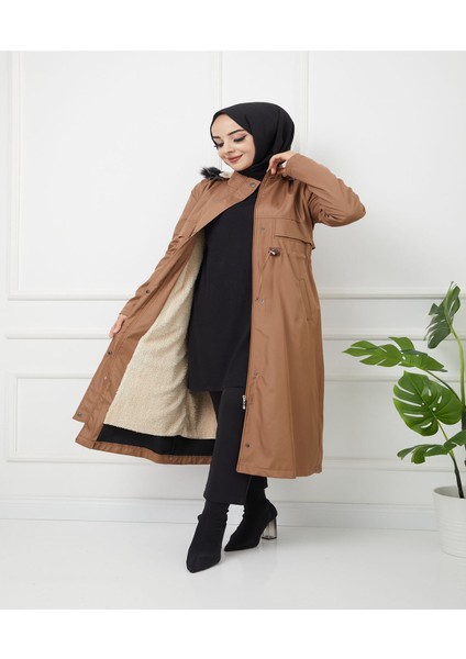 Water Prof Kadın Kışlık Mont Taba Renk Su ve Rüzgar Geçirmez İç Kürklü Uzun