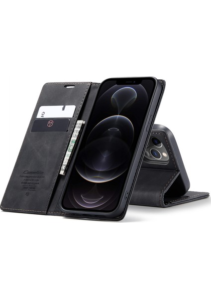 iPhone 12 Pro Max Için Retro Pu Deri Tpu Kart Bölmeli Manyetik Flip Standlı Kılıf (Yurt Dışından)