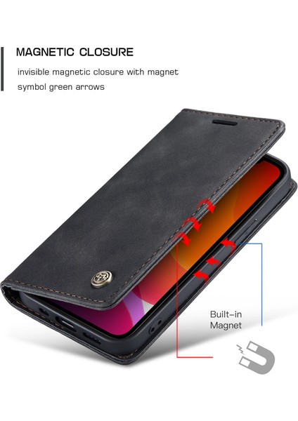 iPhone 12 Pro Max Için Retro Pu Deri Tpu Kart Bölmeli Manyetik Flip Standlı Kılıf (Yurt Dışından)