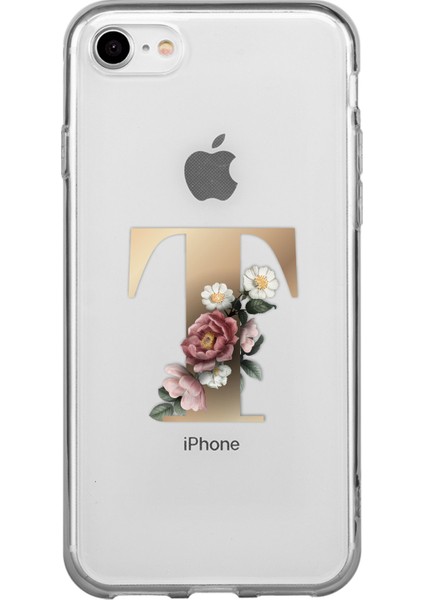iPhone 7 Şeffaf Kılıf Gold Renkli Çiçekli T Harfli Desenli