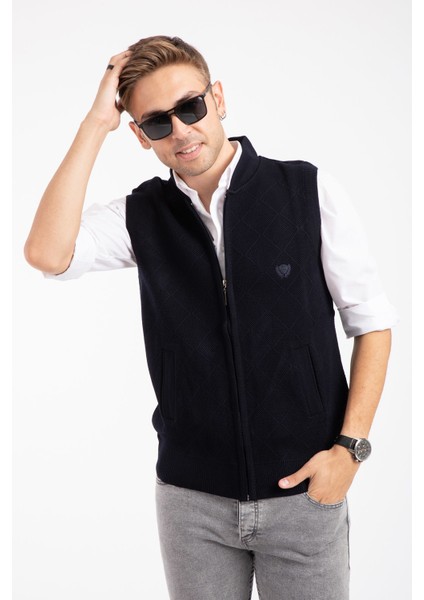 Erkek Orta Yaş ve Üzeri Triko Örgü Akrilik Kışlık Baba Fermuarlı Yelek 2073-Lacivert