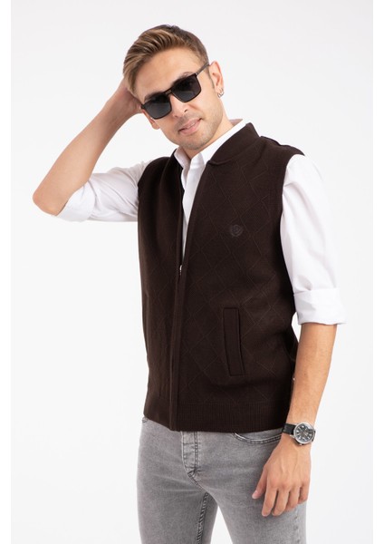 Erkek Orta Yaş ve Üzeri Triko Örgü Akrilik Kışlık Baba Fermuarlı Yelek 2073-Kahve Rengi