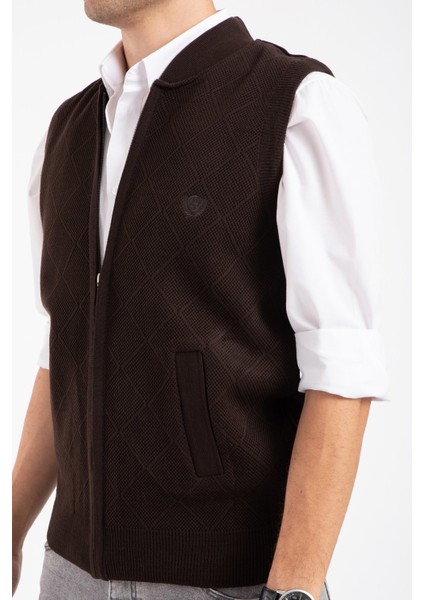 Erkek Orta Yaş ve Üzeri Triko Örgü Akrilik Kışlık Baba Fermuarlı Yelek 2073-Kahve Rengi modelleri
