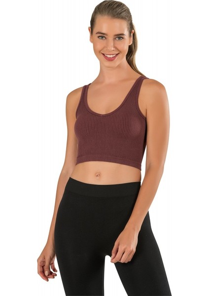 Kadın Modal Crop Top Büstiyer Bordo Toparlayıcı Seamless Dikişsiz Örme Kalın Askılı Basic