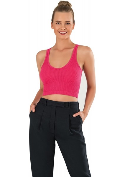 Kadın Modal Crop Top Büstiyer Fuşya Toparlayıcı Dikişsiz Örme Kalın Askılı Basic