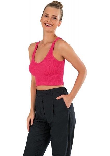 Kadın Modal Crop Top Büstiyer Fuşya Toparlayıcı Dikişsiz Örme Kalın Askılı Basic