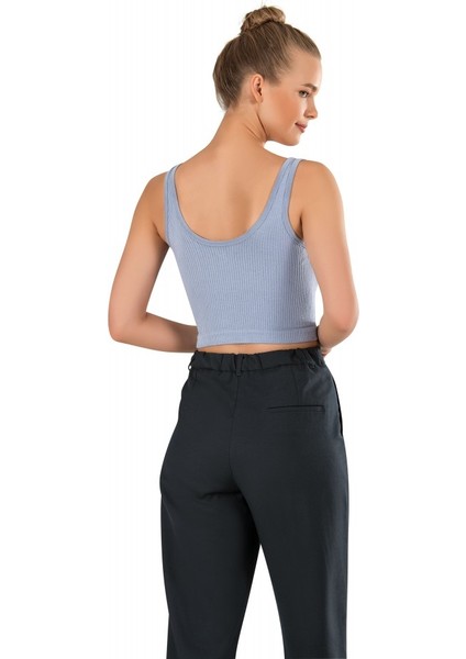 Kadın Modal Crop Top Büstiyer Mavi Toparlayıcı Seamless Dikişsiz Örme Kalın Askılı Basic