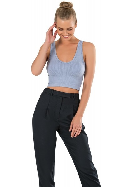 Kadın Modal Crop Top Büstiyer Mavi Toparlayıcı Seamless Dikişsiz Örme Kalın Askılı Basic