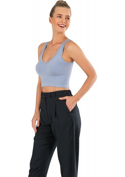 Kadın Modal Crop Top Büstiyer Mavi Toparlayıcı Seamless Dikişsiz Örme Kalın Askılı Basic