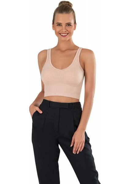 Kadın Modal Crop Top Büstiyer Ten Toparlayıcı Seamless Dikişsiz Örme Kalın Askılı