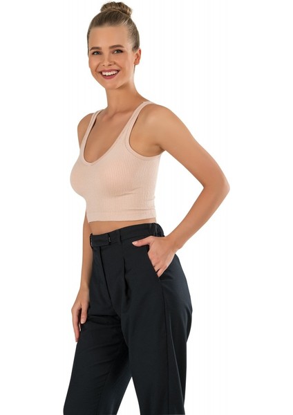 Kadın Modal Crop Top Büstiyer Ten Toparlayıcı Seamless Dikişsiz Örme Kalın Askılı