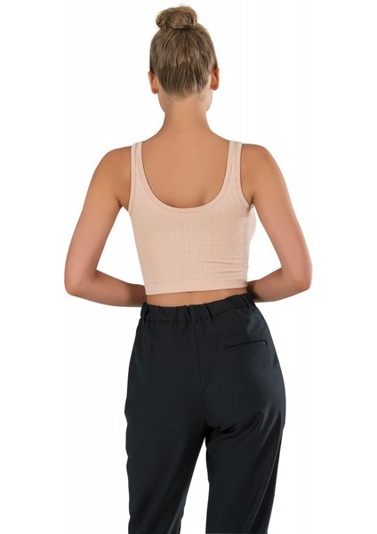 Kadın Modal Crop Top Büstiyer Ten Toparlayıcı Seamless Dikişsiz Örme Kalın Askılı