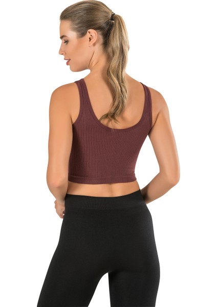 Kadın Modal Crop Top Büstiyer Bordo Toparlayıcı Seamless Dikişsiz Örme Kalın Askılı Basic