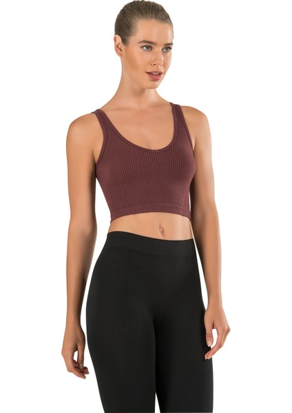 Kadın Modal Crop Top Büstiyer Bordo Toparlayıcı Seamless Dikişsiz Örme Kalın Askılı Basic