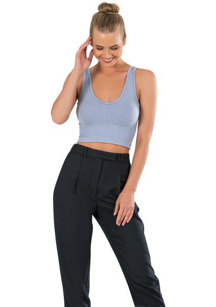 Kadın Modal Crop Top Büstiyer Mavi Toparlayıcı Seamless Dikişsiz Örme Kalın Askılı Basic