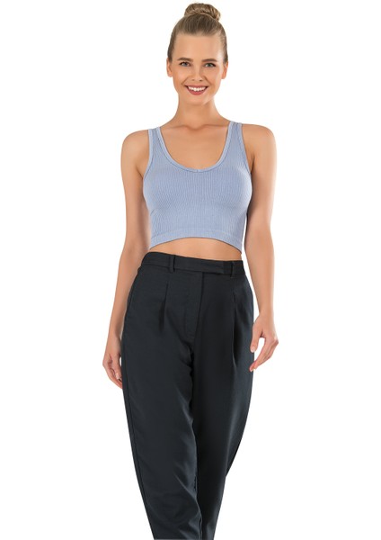 Kadın Modal Crop Top Büstiyer Mavi Toparlayıcı Seamless Dikişsiz Örme Kalın Askılı Basic