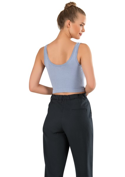 Kadın Modal Crop Top Büstiyer Mavi Toparlayıcı Seamless Dikişsiz Örme Kalın Askılı Basic