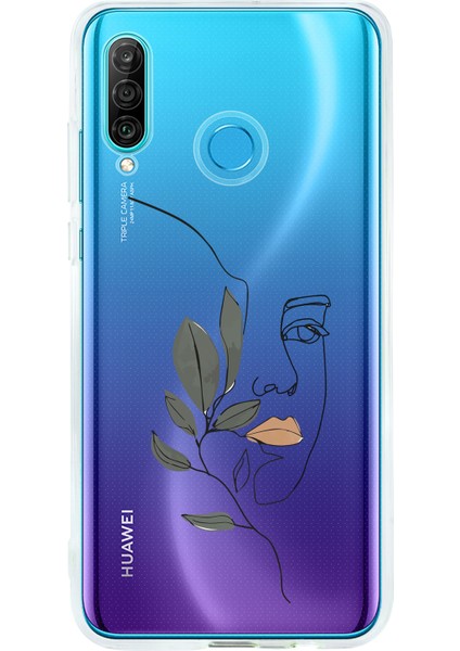 Huawei P30 Lite Line Art Women Desenli Premium Şeffaf Silikon Kılıf