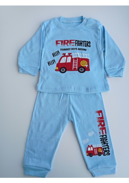 Neşeli Bebek Mavi Unisex İtfaiye Pijama Takımı 6 Ay