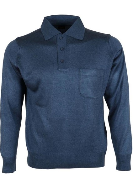 Erkek Mavi Kazak Polo Yaka Yünlü Klasik Normal Kesim RAR00650